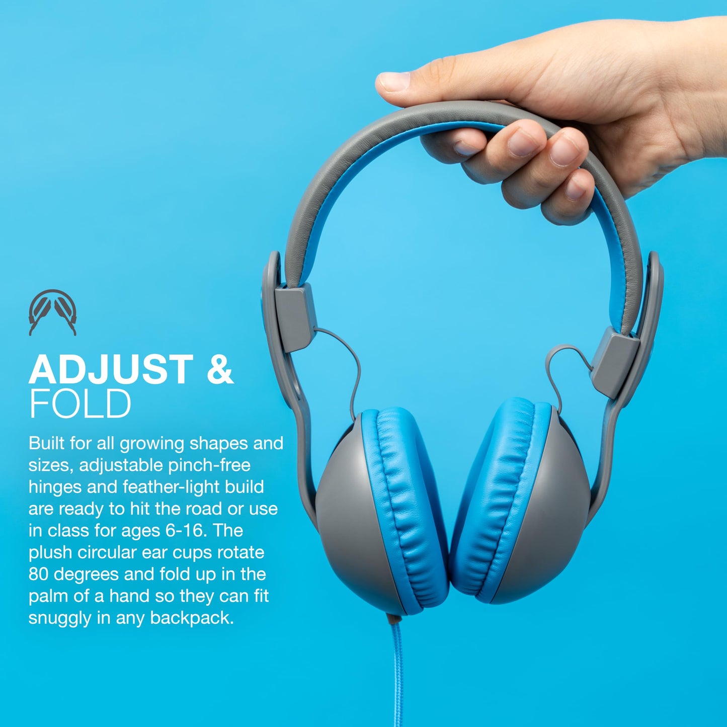 JLab JBuddies Studio 2 On-Ear Kids Wired Headphones, Grey/Blue, Toddler Headphones, Kid Safe, Studio Volume Safe, Volume Limiter, Folding, Adjustable, Noise Isolation, with Mic