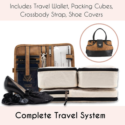 Borsali Weekender Bag for Women - Travel Carry On Duffel -Vegan Leather with Travel Wallet, Packing Cubes & Shoe Covers (Brown)