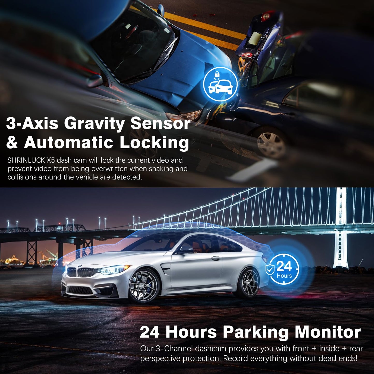 Miden X5 4K WiFi Dash Cam Front and Rear Inside, 2160P+1080P+1080P FHD 3 Channel Dash Camera for Cars, 360° All Sides Dashcam, Free 64G SD Card, G-Sensor, WDR, Night Vision, 24H Parking Monitor