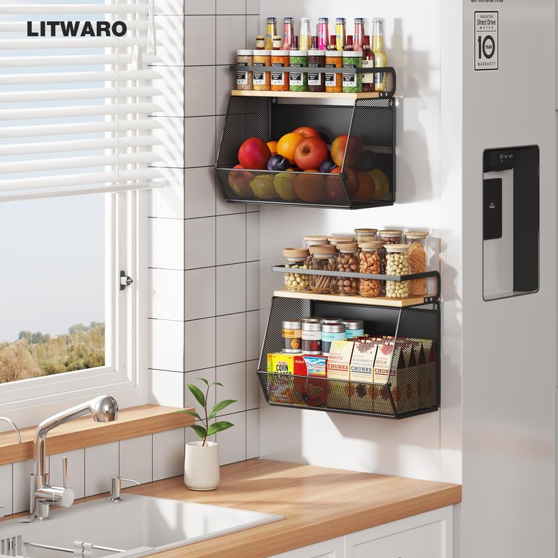 Magnetic Shelf for Fridge with Wide & Thick Magnet, 1 Pack Refrigerator Organizer Basket with Bamboo Top, Storage for Fruit, Potato, Onion, Kitchen, Pantry, Laundry (Black, 13.8" x 6.8" x 11.8")