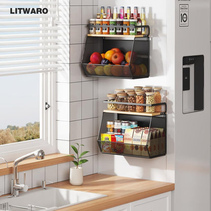 Magnetic Shelf for Fridge with Wide & Thick Magnet, 1 Pack Refrigerator Organizer Basket with Bamboo Top, Storage for Fruit, Potato, Onion, Kitchen, Pantry, Laundry (Black, 13.8" x 6.8" x 11.8")
