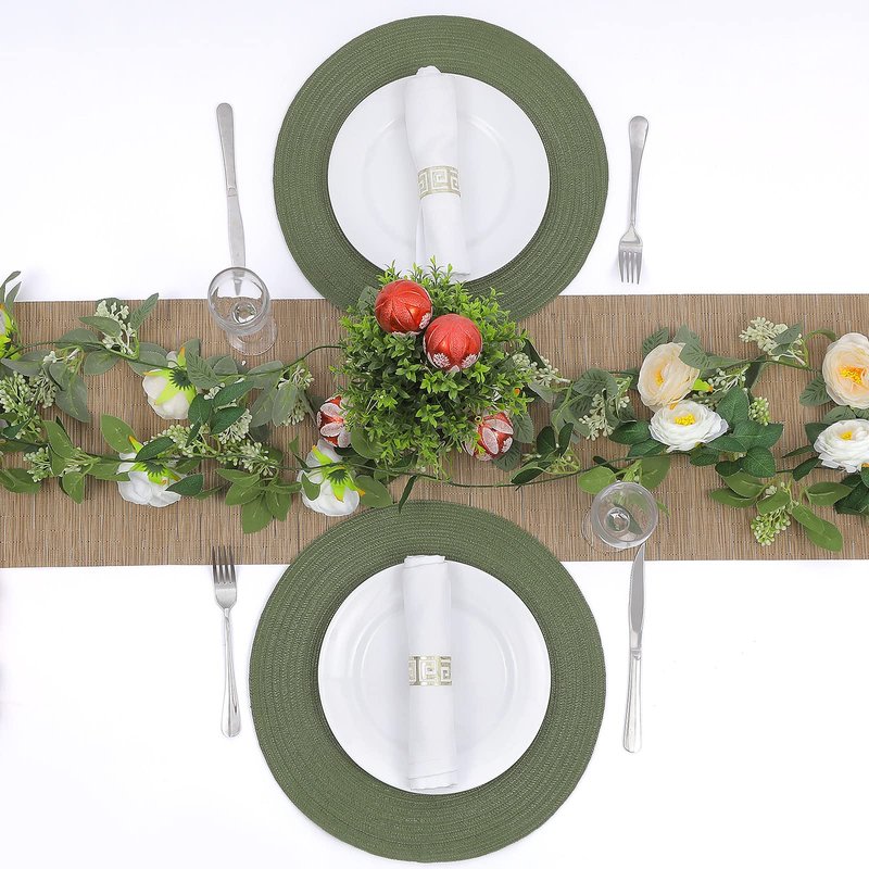 SHACOS Round Placemats Set of 8 Washable 15 inch Round Table Mats Cotton Polyester Woven Braided Place Mats for Dining Table Wedding Party Decor (Olive Green, 8)