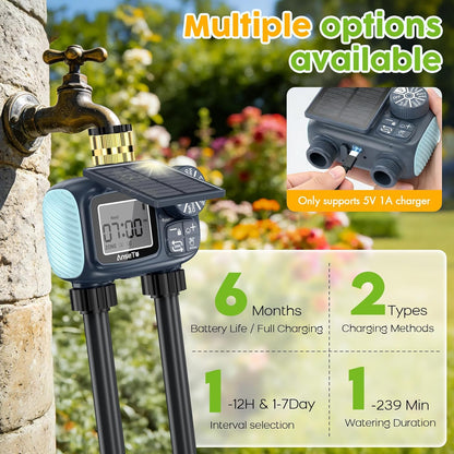 Skiennix Solar Sprinkler Timer - Programmable Brass Inlet Hose Timer for Efficient Garden Watering | 2 Outlet