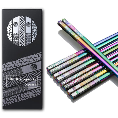 TIICOO Metal Chopsticks Reusable 18/8 Stainless Steel Chopsticks Laser Engraved Premium Titanium Chop Sticks Dishwasher Safe Lightweight Japanese Korean Chopsticks 5 Pairs Gift Set (Rainbow)