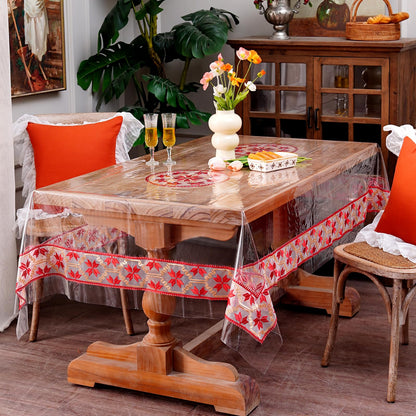 ARTMAGIC Clear Plastic PVC Tablecloth Embroidery Red Lace Rectangle Transparent Table Protector 100% Oil Proof Waterproof for Home Holiday Party Dining Room (Red, 60"x120")