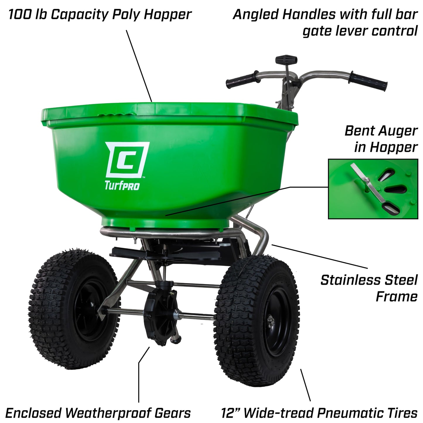 Chapin 89400C Spreader, Lawn and Garden, 100Lbs, Contractor, TurfPro, Stainless Steel, Pull Behind,12" Tires, Weather-Proof, Poly Hopper, Side- Adjust Lever, Spreads Fertilizer and Seeds,