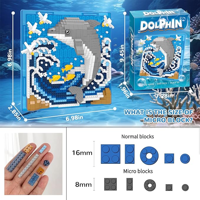 Dolphin Animal 3D Wall Art Micro Mini Building Blocks Set Unique Home Wall Decor or Table Display Ideal Gift Toy for Adults &amp Boys Girls 14+ (1113 PCS)