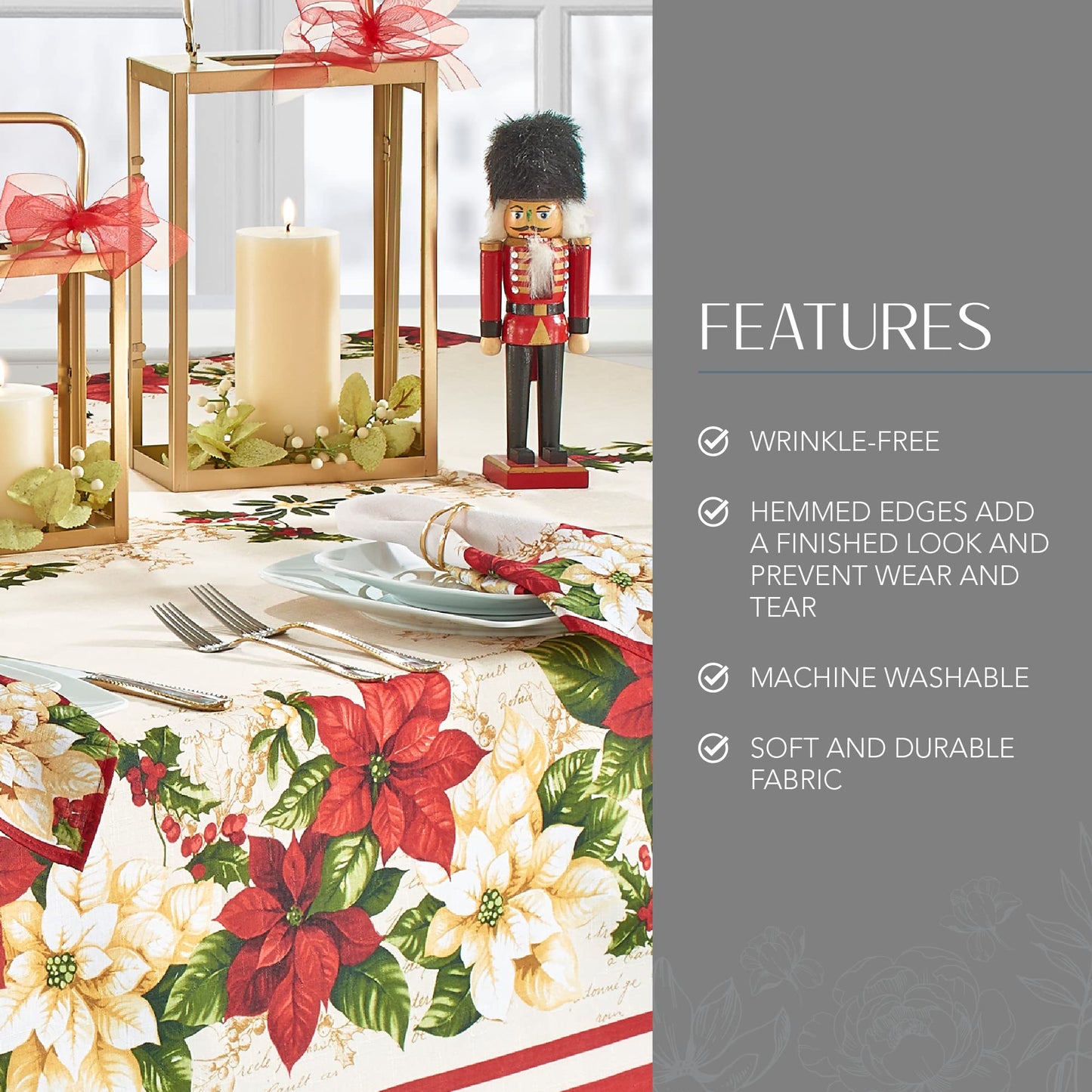 Elrene Home Fashions Red and White Poinsettia Holiday Wrinkle Resistant Fabric Tablecloth, 60" x 84" Rectangle, Multi