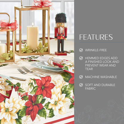 Elrene Home Fashions Red and White Poinsettia Holiday Wrinkle Resistant Fabric Tablecloth, 60" x 84" Rectangle, Multi