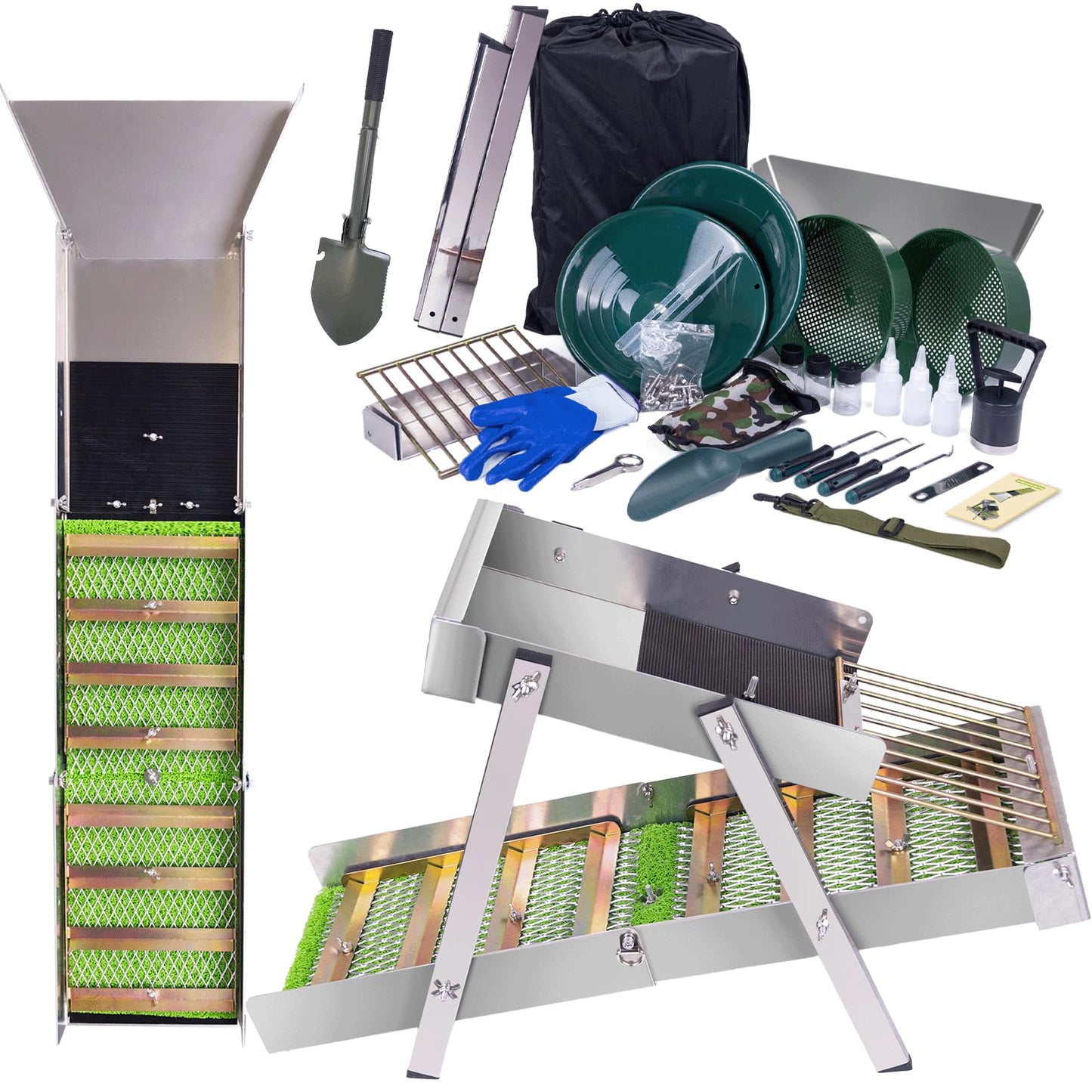 3 in 1 Highbanker Gold Panning Kit, Deformable 50" Folding Gold Sluice Box, Portable Mining Equipment for Adults, 34pcs Includes Gold Pan, Classifier Screen, Magnet, Backpack & Accessories
