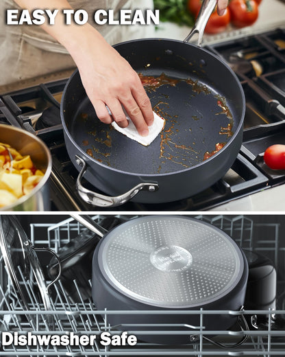 Cooks Standard 4-QT Nonstick Deep Sauté Pan with Lid, 10.5-inch Deep Frying Pan Hard Anodized Ceramic Nonstick Induction Cookware, Oven Safe Large Skillet Jumbo Cooker Sartén, Helper Handle, Black