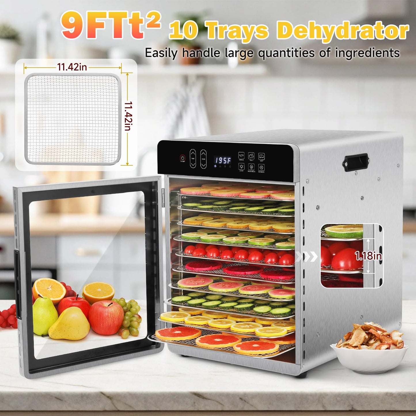 SUCICENI Food Dehydrator for Jerky, 10 Stainless Steel Trays 9ft² Dehydrator Machine, 1000W Dehydrator with 24H Timer 195℉ Temperature Control for Meat, Fruits, Veggies, Dog Treats