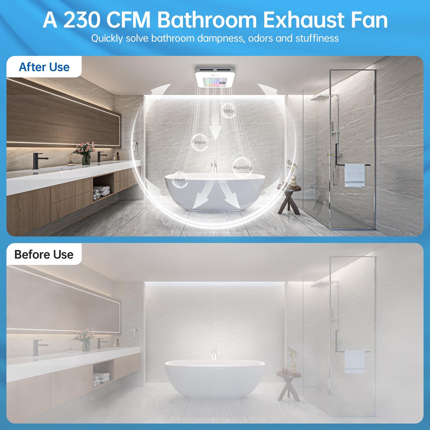 Hawkrown Bathroom Exhaust Fan with Bluetooth Speaker, 230 CFM 1.0 Sone Bathroom Exhaust Fan with Light, 3 Dynamic Light, 7 LED Color, 3 Color Temperatures, Nightlight,Remote, Easy Install (White)