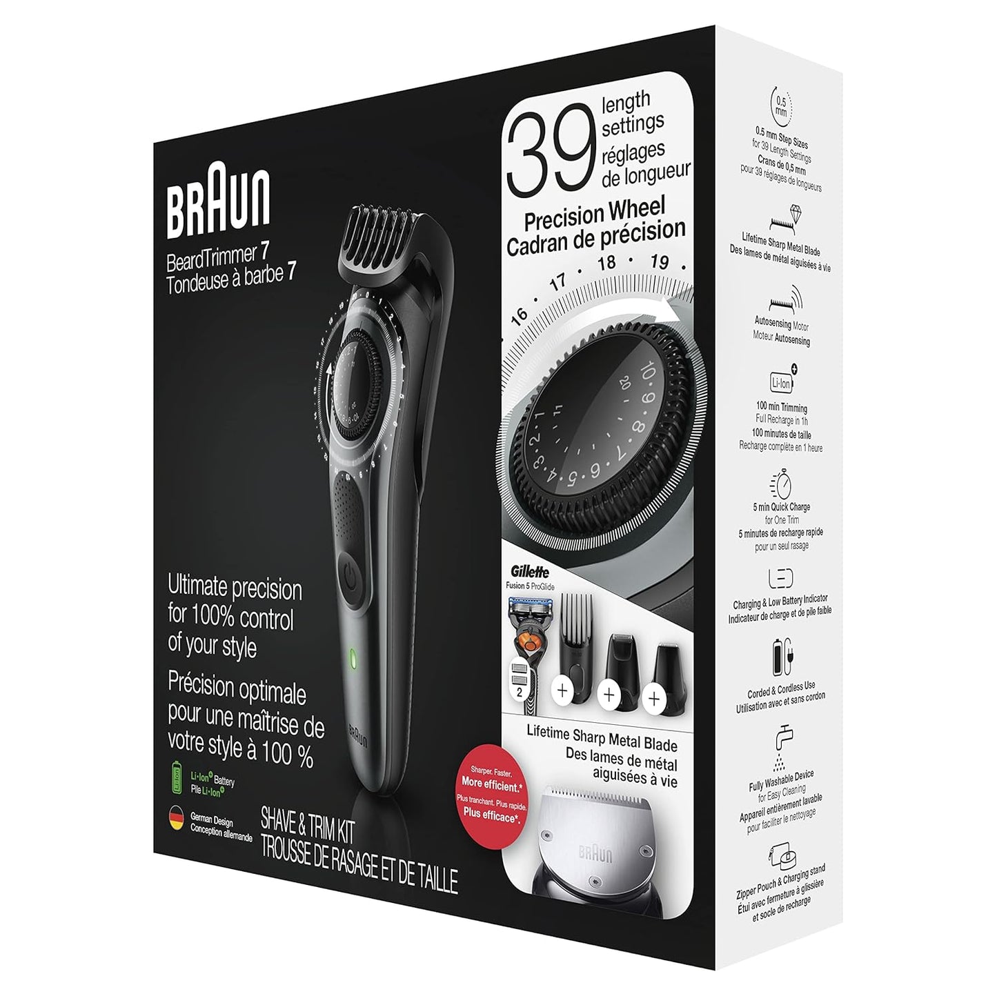 Braun Beard Detail Trimmer, Hair Clippers for Men, Cordless & Rechargeable, Mini Foil Shaver with Gillette ProGlide Razor, Silver, 10 Piece Set