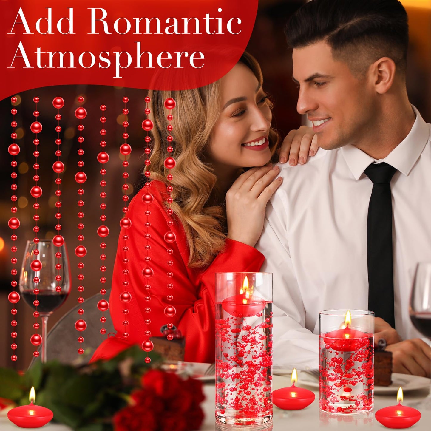 Fumete 40 Pcs Red Floating Candles with Pearl Strings for Wedding Centerpieces, Radiant Unscented Water Floating Tealights for Romantic Dinner, Party, Anniversary Decor