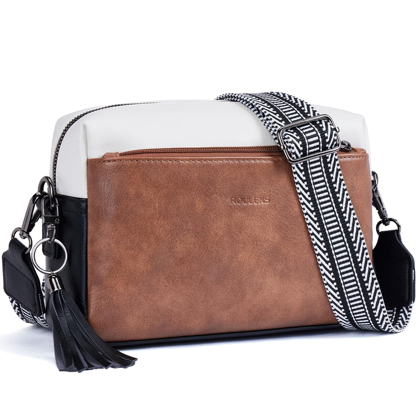 Roulens Triple Zip Small Crossbody Bag for women,Wide Strap Cell Phone Purse Shoulder Handbag Wallet with Credit Card Slots