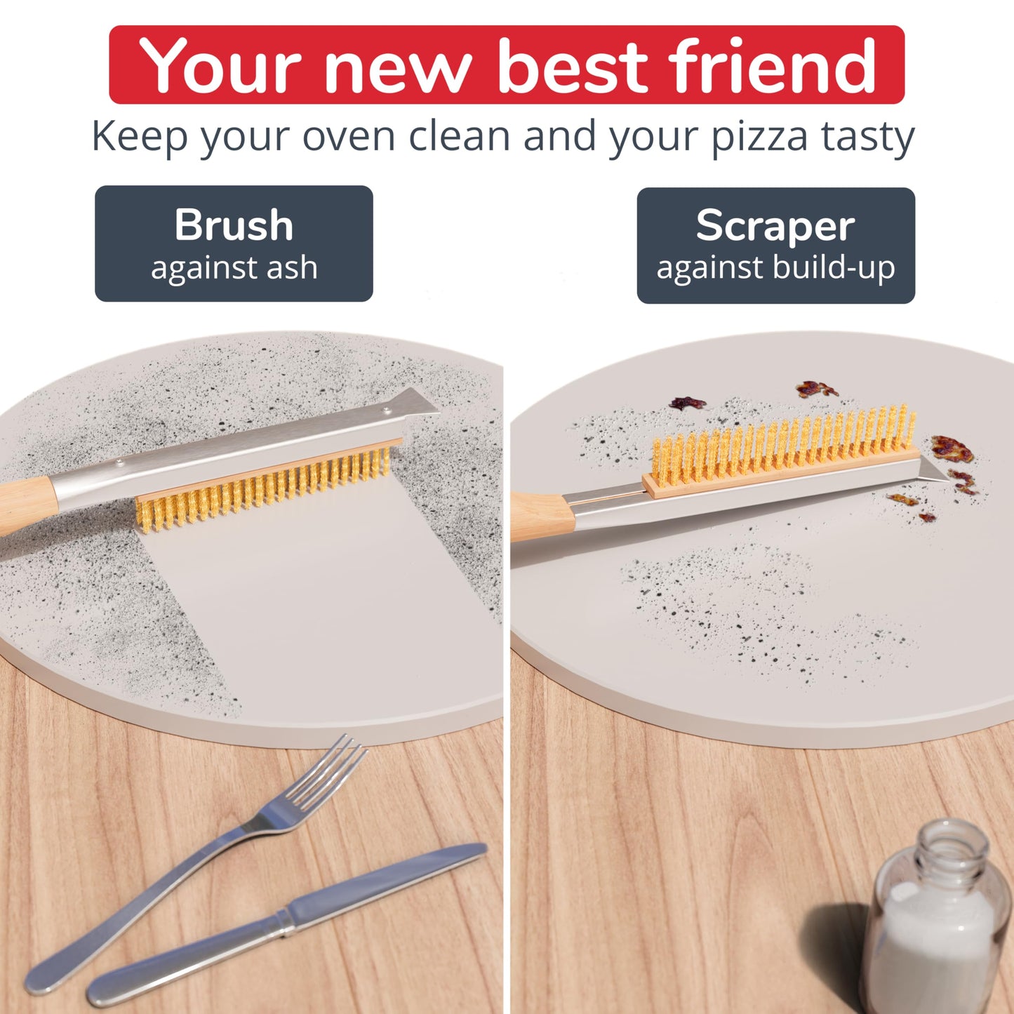 Senwosa 22” Pizza Oven Brush with Stone Scraper - Heat Resistant Stainless Steel Bristles, Long Handle - Compatible with Ooni, Gozney & Similar Ovens