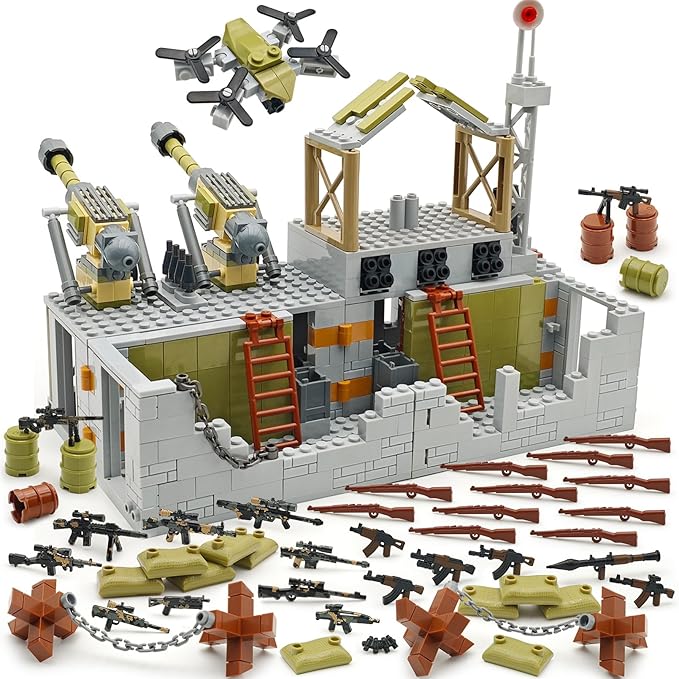 Military Base Building Block Toy Set 600+ Pieces Battlefield Playset with Air Defence Gun Drone Weapon Pack Accessories MOC Brick for Military Enthusiasm