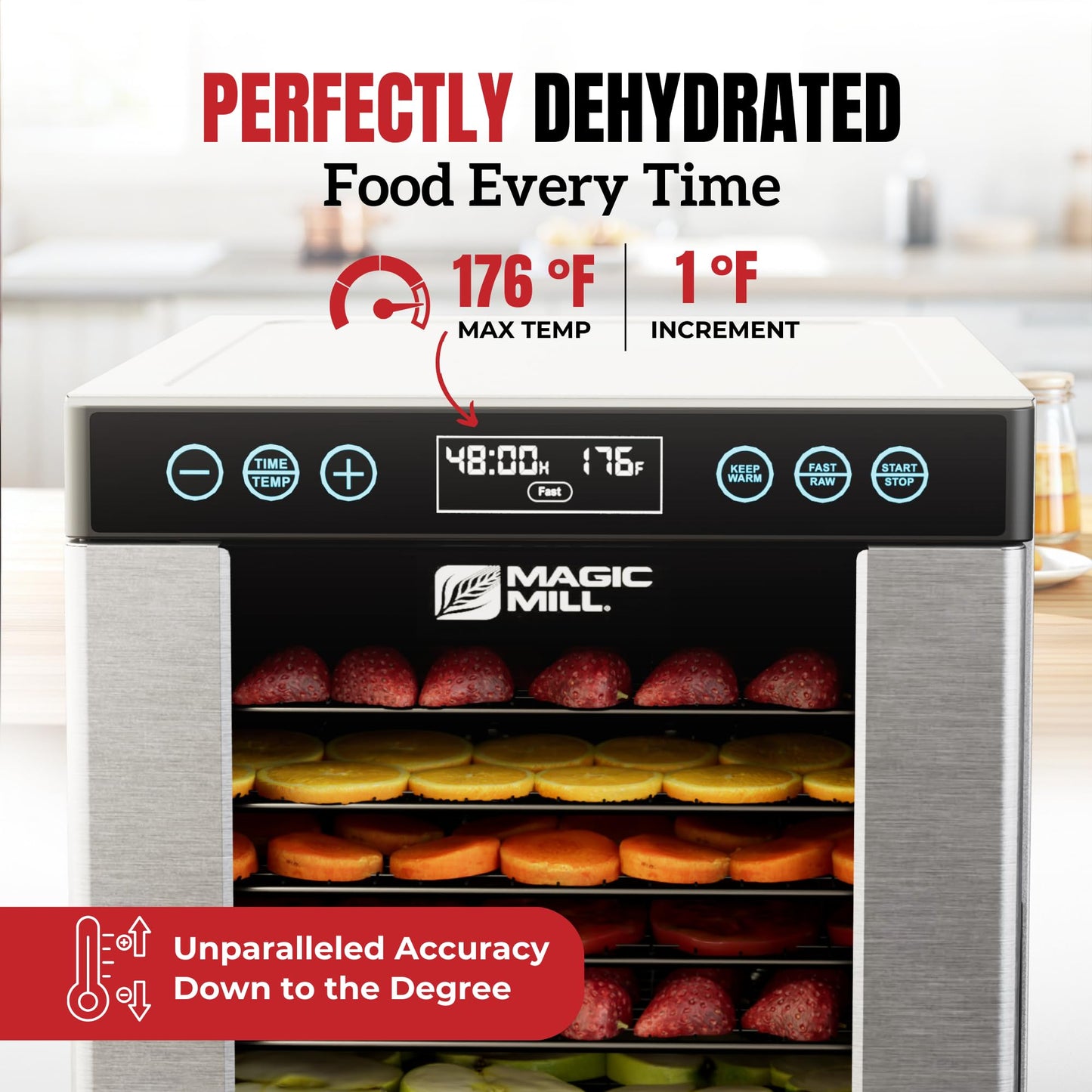 Magic Mill Pro Food Dehydrator Machine | 10 Stainless Steel Trays | Dryer for Jerky, Dog Treats, Herb, Meat, Beef, Fruit | Keep Warm Function, Digital Timer and Temperature Control, ETL Approved