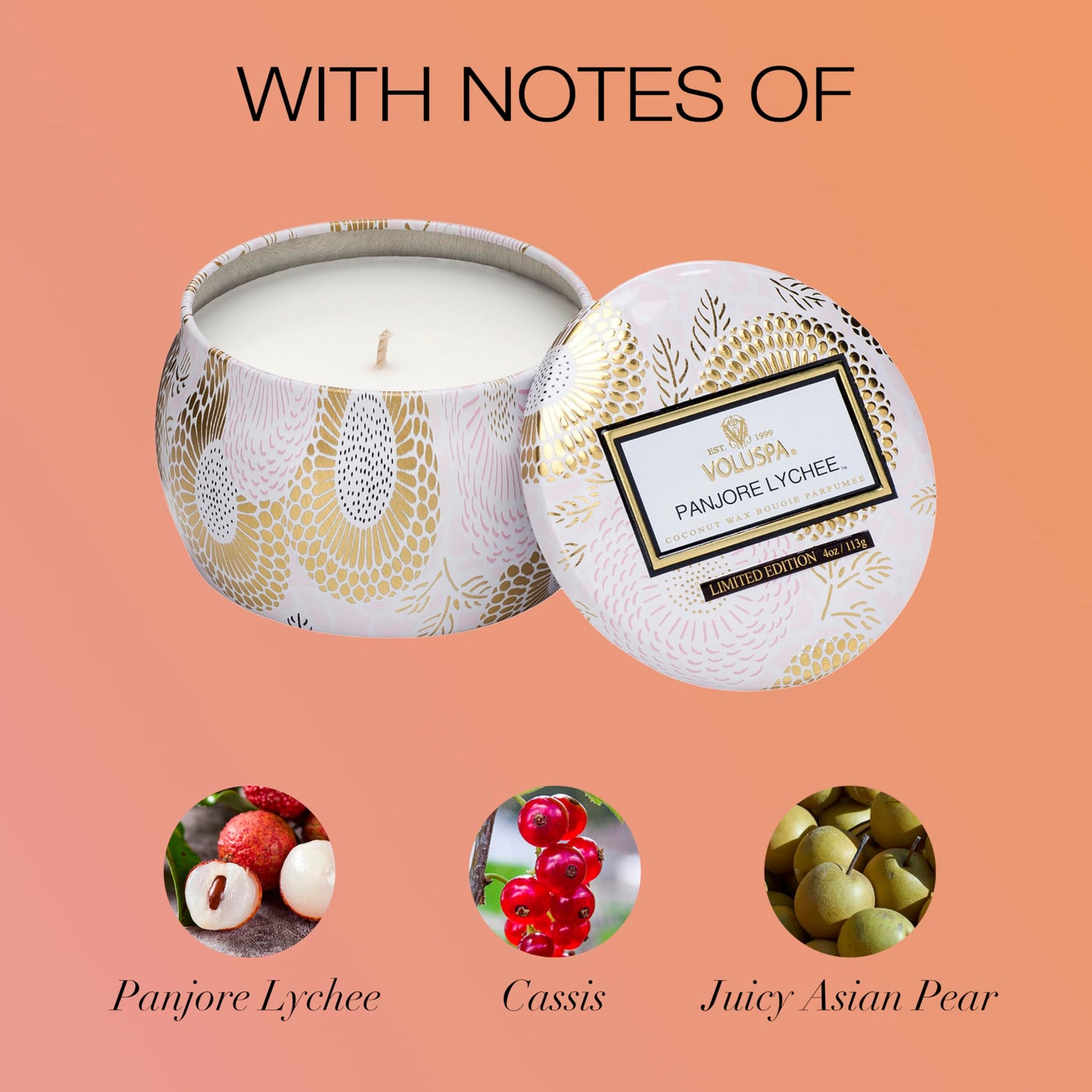 Voluspa Panjore Lychee Petite Tin Candle , 4 Ounces