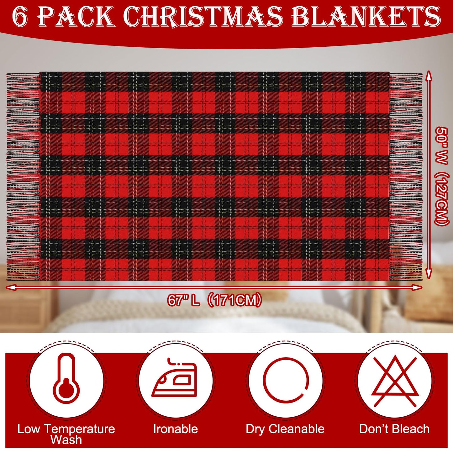Peryiter 6 Pcs Christmas Red Plaid Throw Blanket Bulk with Tassel 50 x 67 Soft Warm Tartan Chenille Throw Fringe Blankets for Bed Couch Sofa Home Office Xmas Decor Gifts Travel Camping for All Season