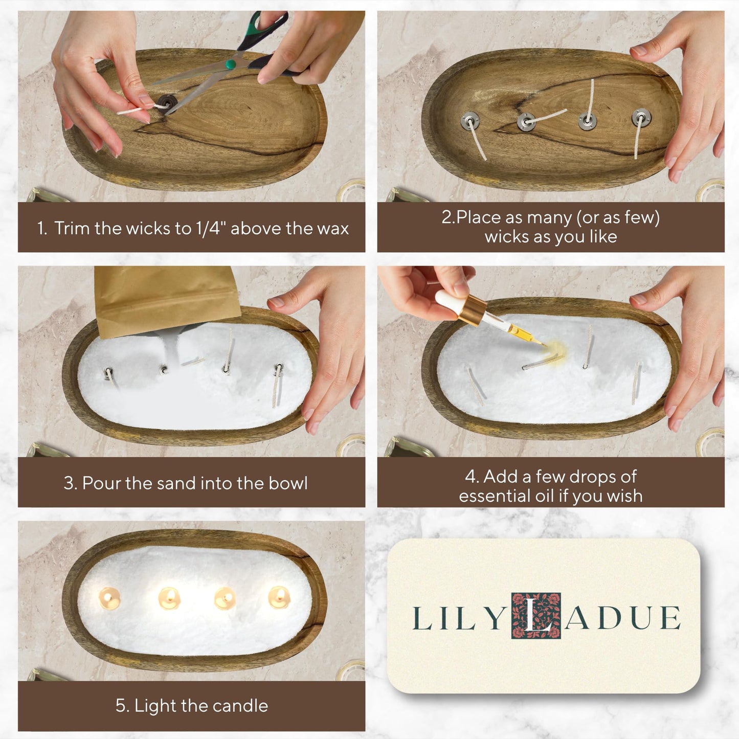 LILY LADUE Sand Candle Kit - 1Lb/16Oz Pearled Candles Sand and Wicks (24) with Wood Holder, Unscented Aroma Beads, Reusable Pearled Candle Wax for DIY Home Kit, Powder Beads Refill Available