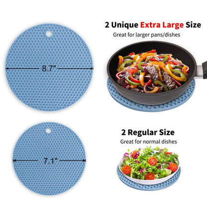 Silicone Trivet Mats - Walfos Heat Resistant Pot Holders Set, 4pcs 2 Sizes 7 Inch & 9 Inch, Multipurpose Non-Slip Hot Pads for Hot Pot, Hot Dishers, Jar Opener, Food Grade & BPA Free (Nordic Blue)