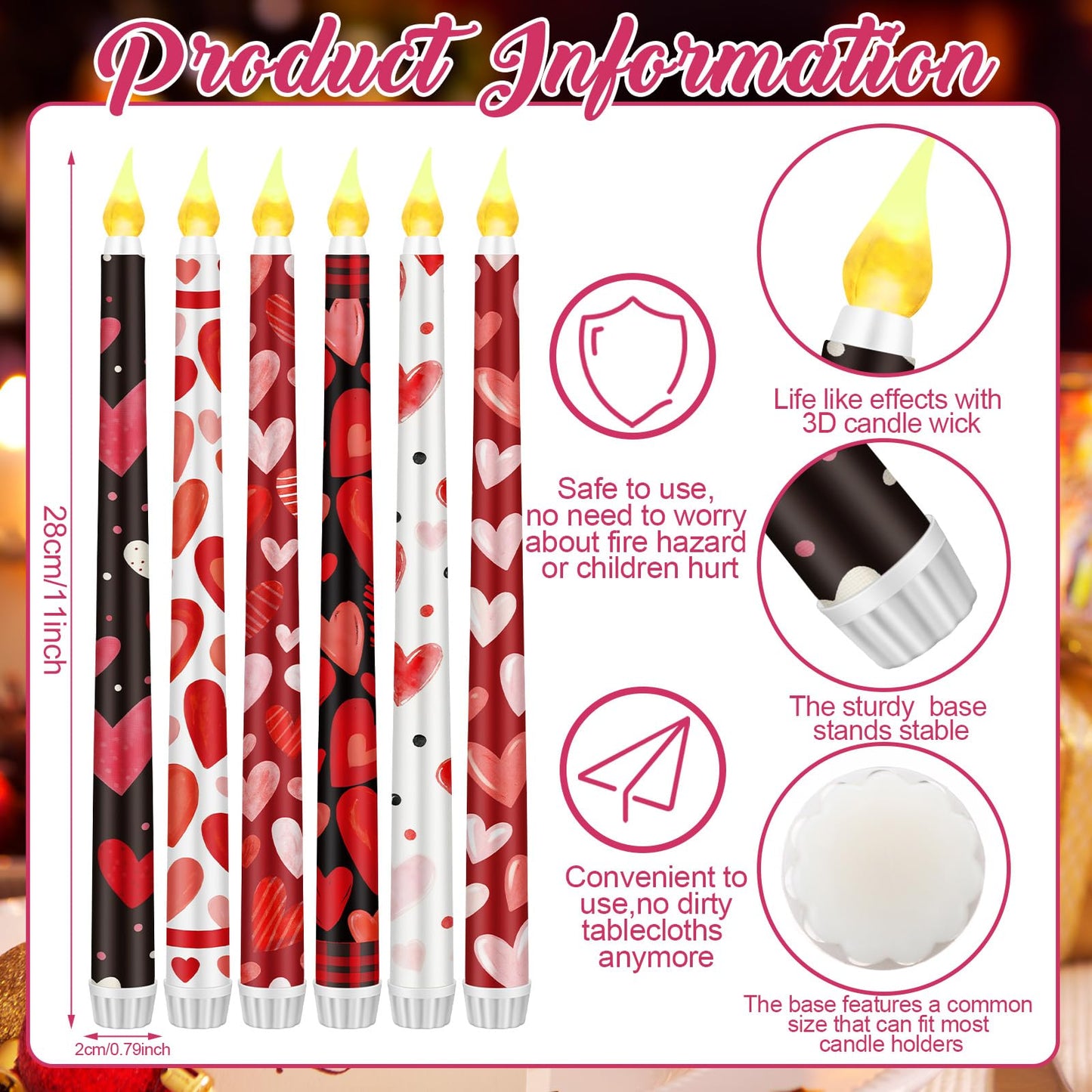 Aurelema 6 Pcs Valentines Day LED Flameless Candle Set Valentine Day Flameless Taper Candles with Heart Battery Operated Seasonal Celebration with Remote for Wedding Romantic Night