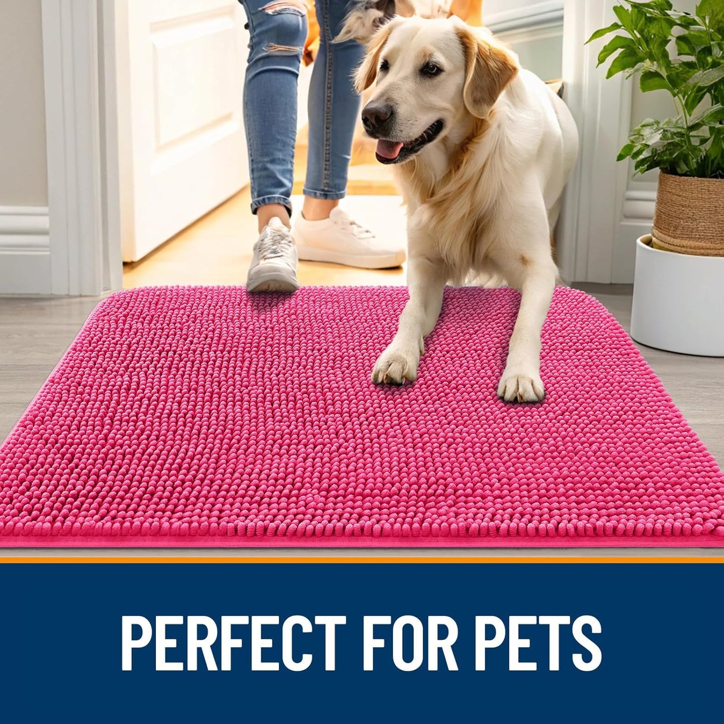 OLANLY Dog Door Mat - Absorbent Non-Slip Mud Mat for Dogs | Quick Dry Chenille, 45x27, Hot Pink