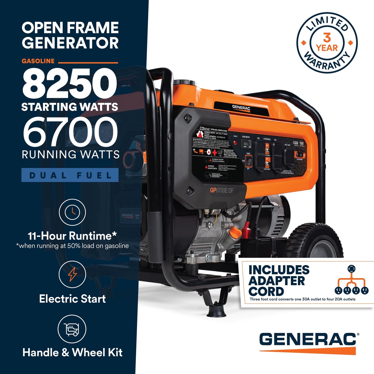 Generac Dual Fuel Portable Gas Generator, 8,250 Starting Watts, Electric Start, COsense Carbon Monoxide Detection, 11 Hour Runtime, Gas or Propane, Heavy Duty Frame, Home Backup Emergency, 49-State