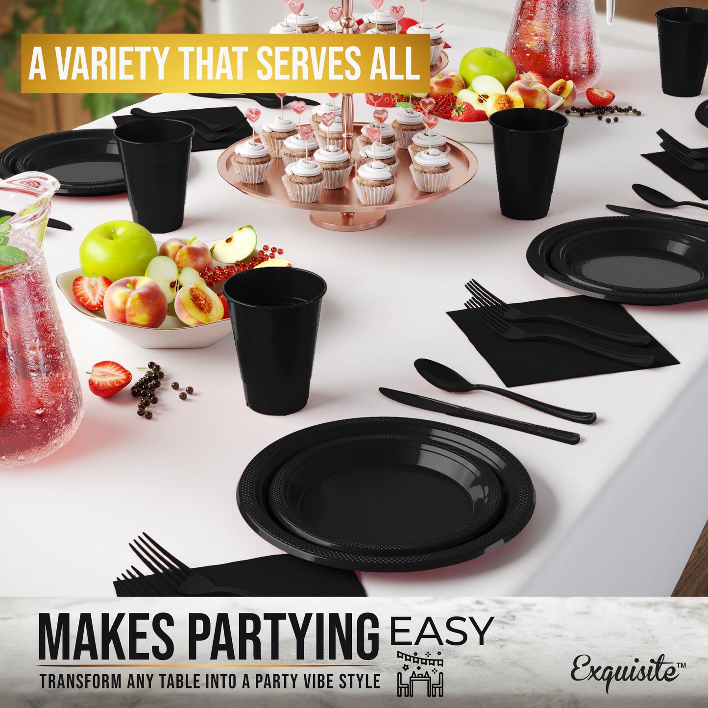 350 Pcs Black Plastic Plates For Party, Black Disposable Plates Set, 50 Of Each 9" Dinner Plate Set, 7" Dessert Plate, Cups, Napkins & Cutlery Plastic Dinnerware Party Solids