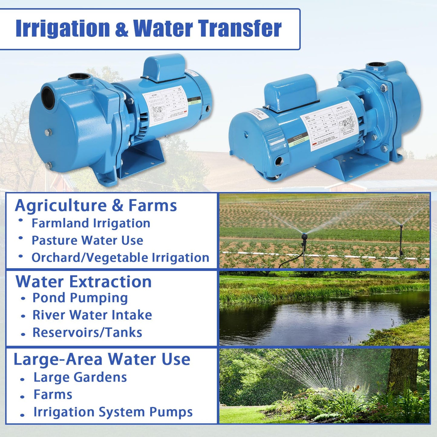 GT15 Self-Priming Centrifugal Pump, 1.5HP, Single Phase Cast Iron Water Pump for Agricultural & Landscape Irrigation