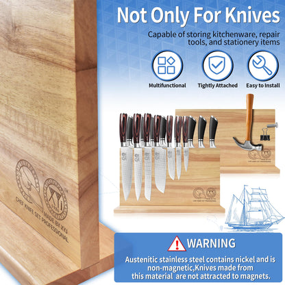 XYJ Authentic Since 1986, Magnetic Knife Block, Double Side Kitchen Knife Stand, Acacia Wood, Magnetic Knife Holder with Strong Enhanced Magnets,Knives Storage Rack Stand for Home Kitchen