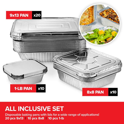 Stock Your Home Disposable Foil Pans with Lids (Set of 40) Heavy Duty Aluminum Pans with Lids (20) 9x13, (10) 8x8, (10) 1-Lb Baking Tins with Covers for Cooking, Heating, Storing, Holiday Dinner Meals