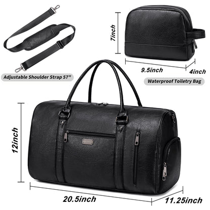 Large Travel Duffel Bag for Women Men, Faux Leather Weekender Overnight Bag with Shoe Compartment, Waterproof Carry On Bag with Toiletry Bag, Travel Tote Bag Gym Bag (Black)