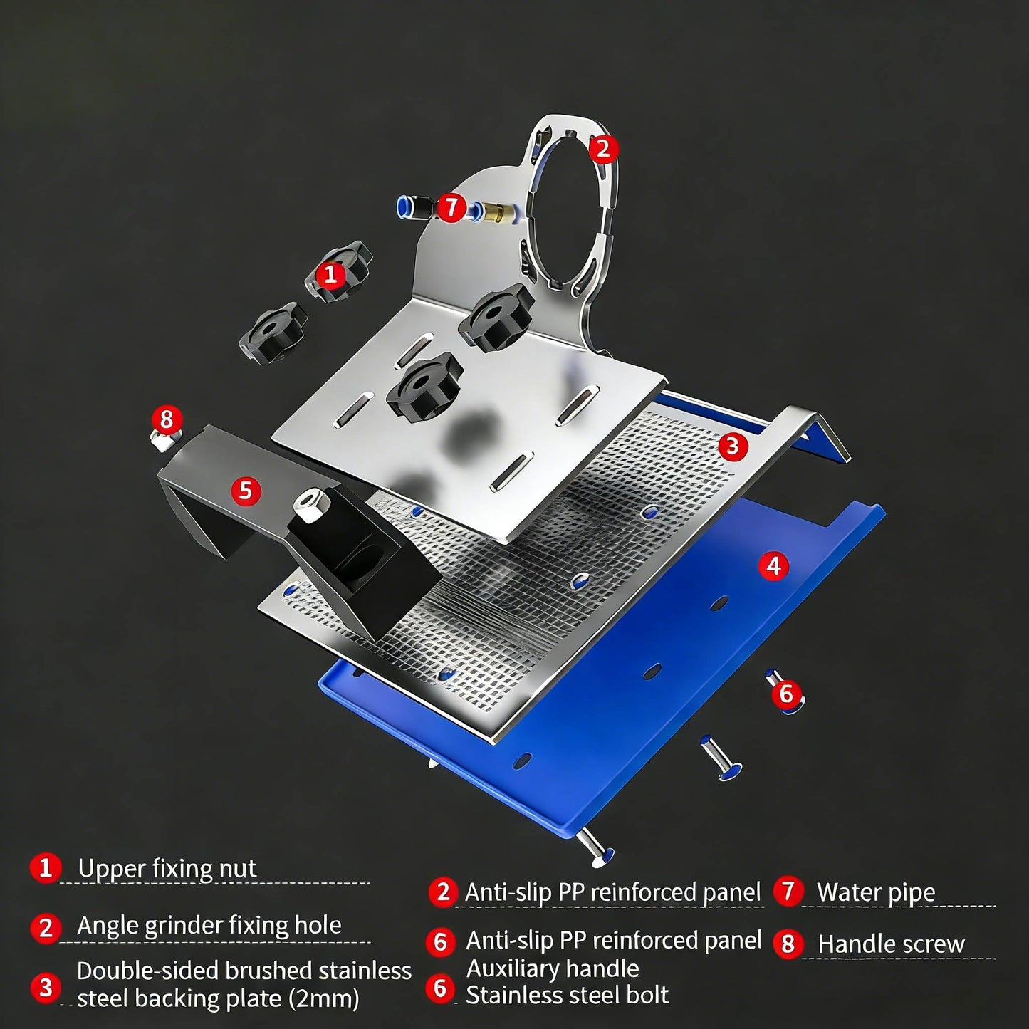 45 Degree Tile Chamfering Tool for 100-Type Angle Grinders, Universal Stand with 5 Diamond Saw Blades, Gloves, 39 Inch Hose, Screwdriver, Adapter Washers