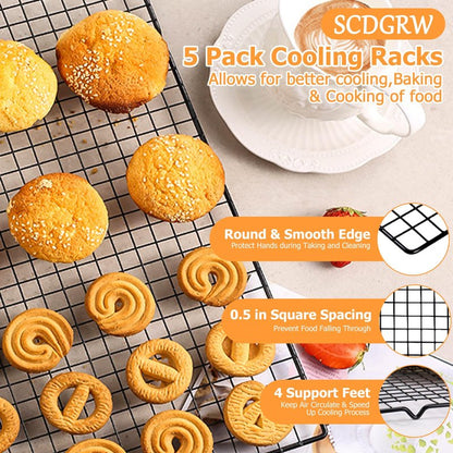 SCDGRW 5PCS Cooling Racks for Cooking and Baking 10" x 16" Wire Rack Baking Rack, Cookie Rack, Heavy Duty Metal Wire Rack for Grilling, Roasting, Cooking, Drying,Oven Safe Dishwasher Safe