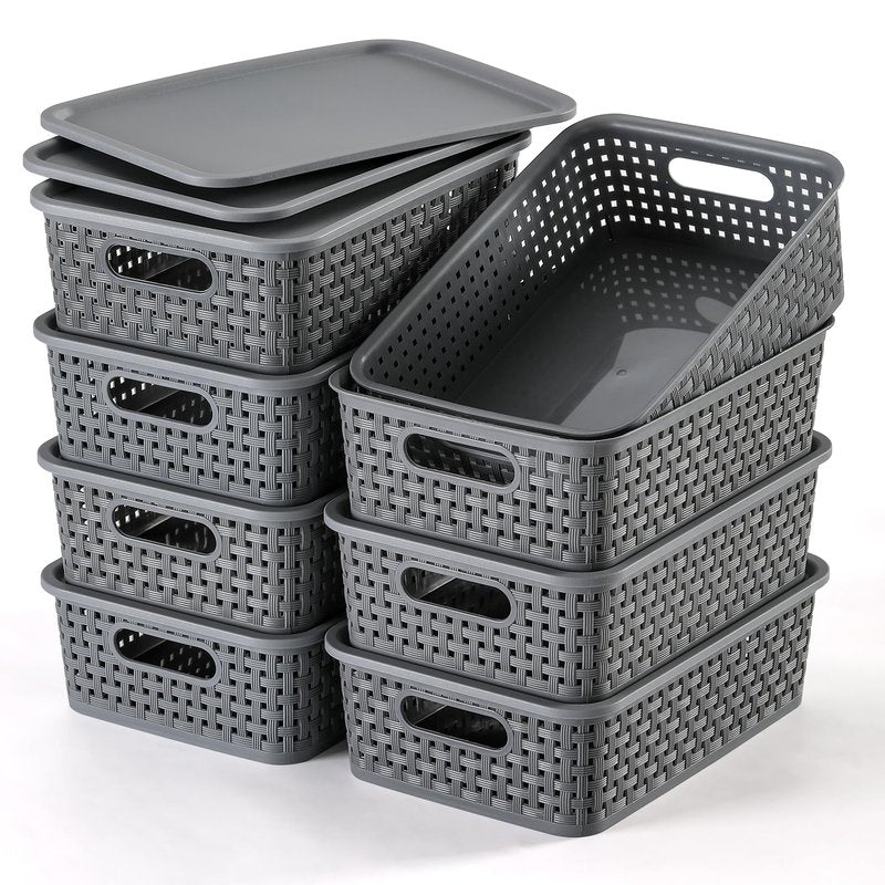 NETANY [ 8 Pack ] Plastic Storage Baskets With Lids, Small Pantry Organization, Stackable Storage Bins, Household Organizers for Cabinets, Countertop, Drawers, Under Sink or On Shelves,Gray