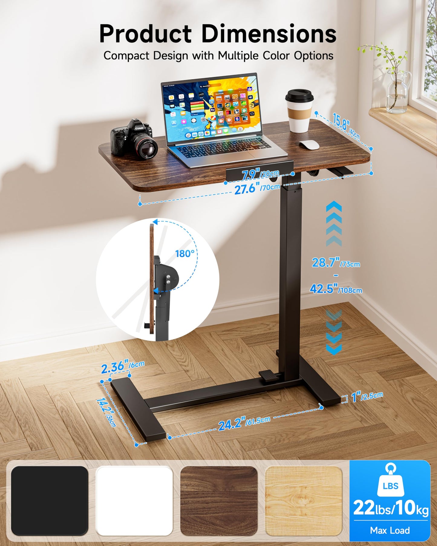 BIZUM Mobile Standing Desk Laptop Desk Pneumatic with Wheels 180° Tilt Top Hospital Bed Table Portable Rolling Cart Foldable Bedside Table for Hospital&Home Use, Walnut