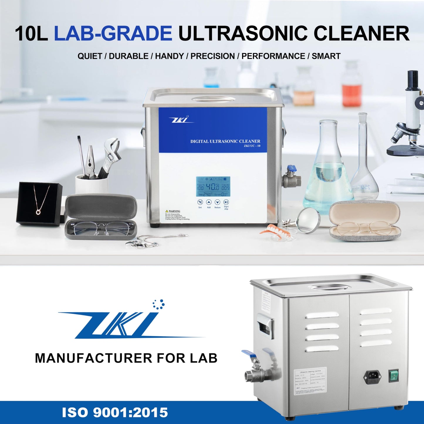 ZKI 10L Digital Ultrasonic Cleaning Machine, Adjustable Heater/Intensity/Timer Ultrasonic Cleaner, Degas Mode, Low-Noise, 12+ Hrs Run Time, Ideal for Jewelry, Lab, Glasses, Dentures, Ind. (110V/600W)