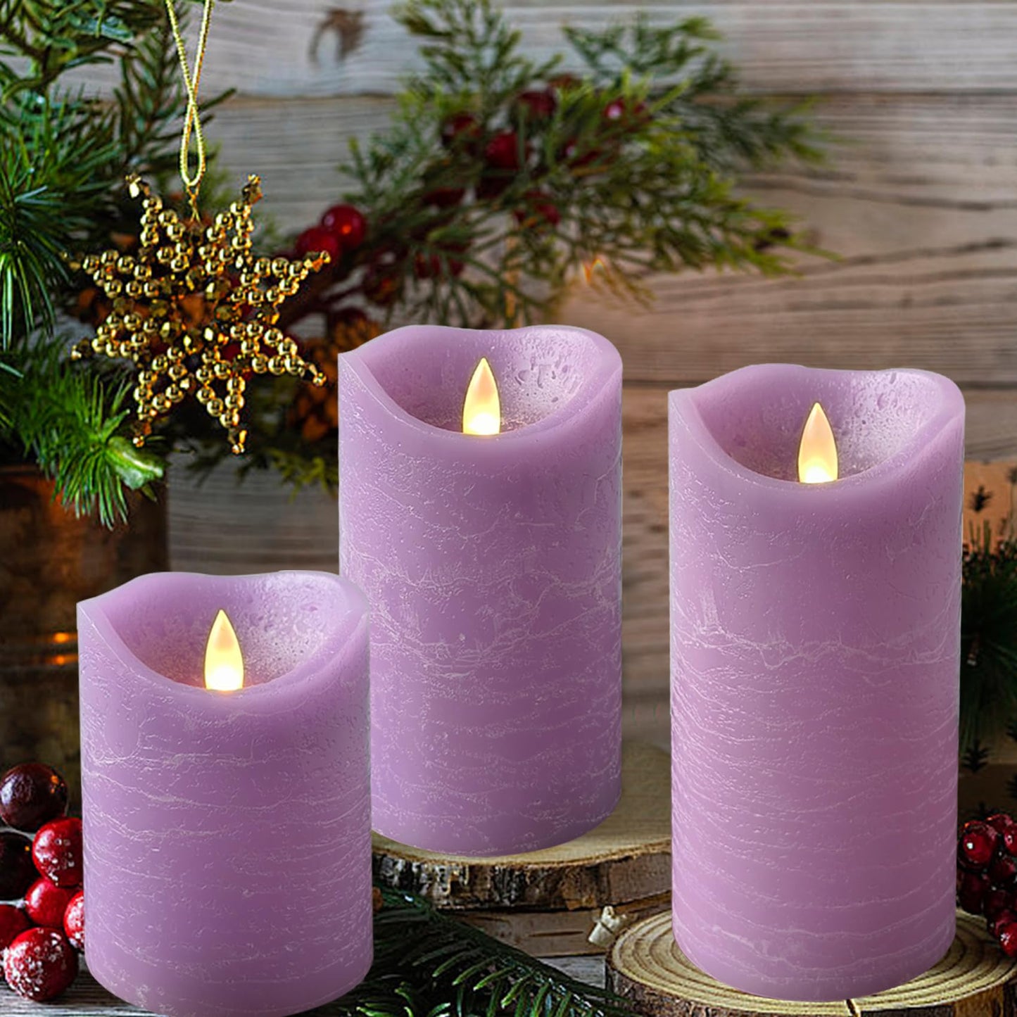 EZiKitchen Real Wax Flameless Candles Set of 3 (D 3" x H 4" 5" 6") Battery Operated LED Candle with Timer Home Decorative Pillar Flickering Lights,Wedding Party Events Decor,Purple