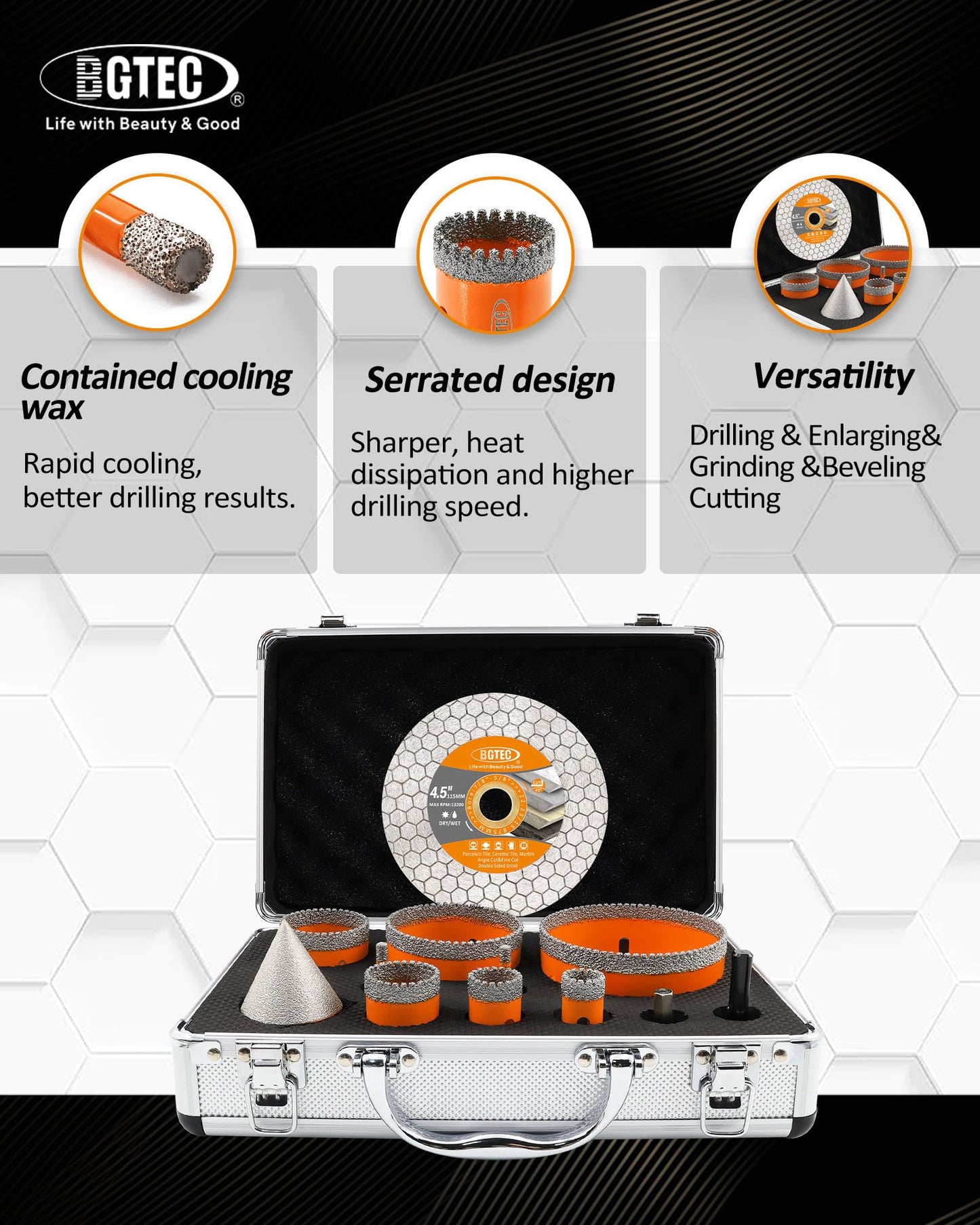 BGTEC Diamond Hole Saw Kit - 11PCS 6/6/20/25/35/50/75/100mm Drill Bits & 50mm Chamfering Bit & SDS/HEX & 115mm Tile Blade for Porcelain Tile Ceramic Granite Marble Stoneware