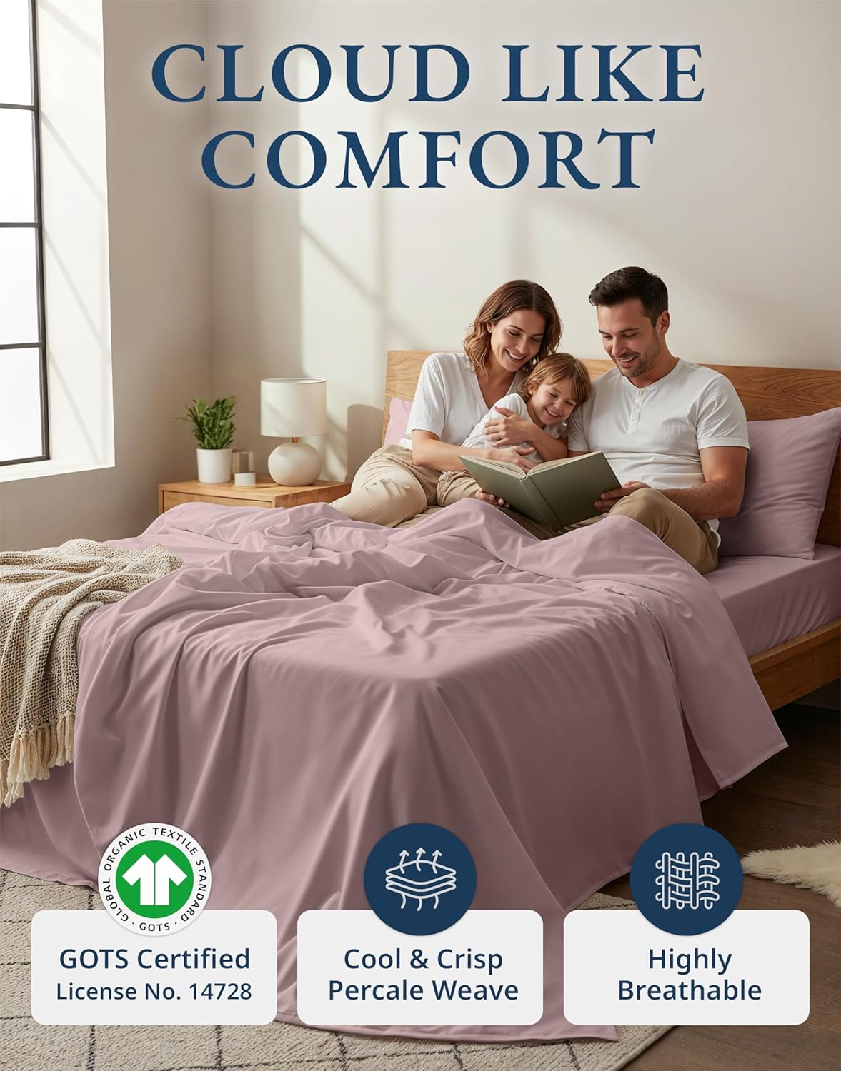 LANE LINEN 100% Organic Cotton King Size Bed Sheets - Luxury Hotel Percale, Oeko-Tex Certified, Soft & Comfy, Available in Lilac