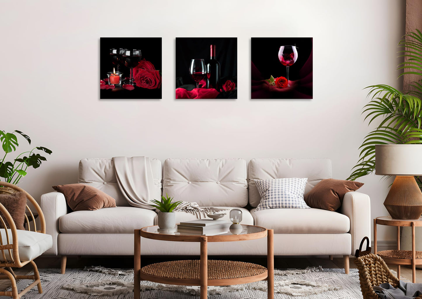 OWNANRTHM Rose Wine Picture Red Wine Rose and Candle Picture Painting Wall Art Red Wine Glass Canvas Wall Art for Living Room Bedroom Home Wall Decor Stretched and Framed 12" x 12" x 3 Pieces