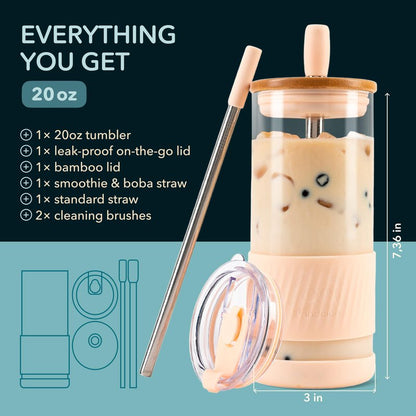 Pandaloo® Glass Cups With Lids and Straws -20 Fl Oz- Perfect Size Iced Coffee Cup - Smoothie Cup With Bamboo Lid and On the go Lid - Glass Tumbler With Straw (1 Count (Pack of 1), Vanilla Cream)