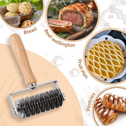 JuyVerq Pastry Lattice Roller Cutter, Stainless Steel Lattice Dough Cutter Wood Handle, Professional Pastry Crust Cutter, Household Time-Saver Cutting Tool Pie Bread Beef Wellington Pizza