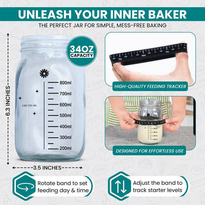 Lina e Mama 34 Oz Sourdough Starter Jar | Sourdough Starter Kit | Wide Mouth Sour Dough Kit with a Wooden & Aluminum Lid, Spatula, and Funnel | Sour Dough Jar for Beginners and Pros