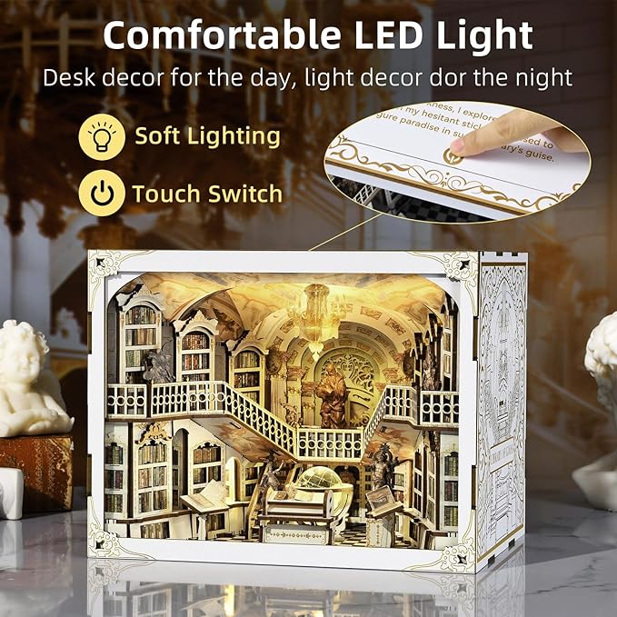 Book Nook Kit DIY DIY Miniature Dollhouse for Adults Beyond Library 3D Wooden Puzzle Bookend Bookshelf Insert Decor with LED Light Gifts for Book Lovers (Library of Gods Max)