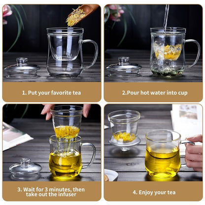 DOPUDO Glass Tea Cup with Infuser and Lid, 12oz/350ml Large Borosilicate Teacup, Clear Mug for Loose Leaf Tea, Birthday Gift for Tea Lover