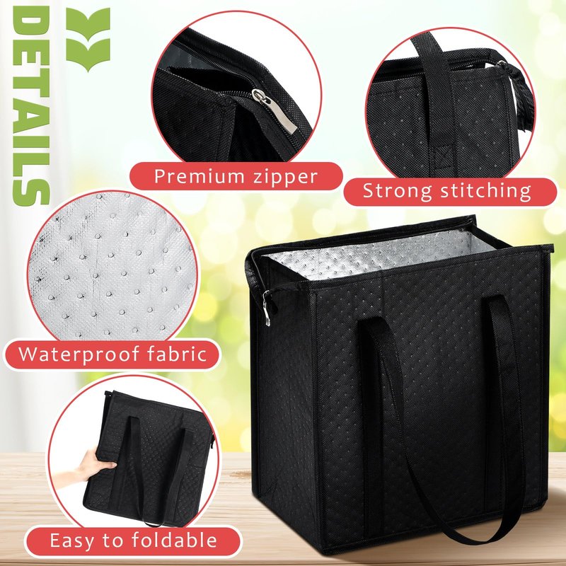 Paterr 4 Pcs Insulated Grocery Bags Insulated Cooler Tote Bag Reusable Collapsible Cooler Totes with Zipper Top for Shopping(Black)